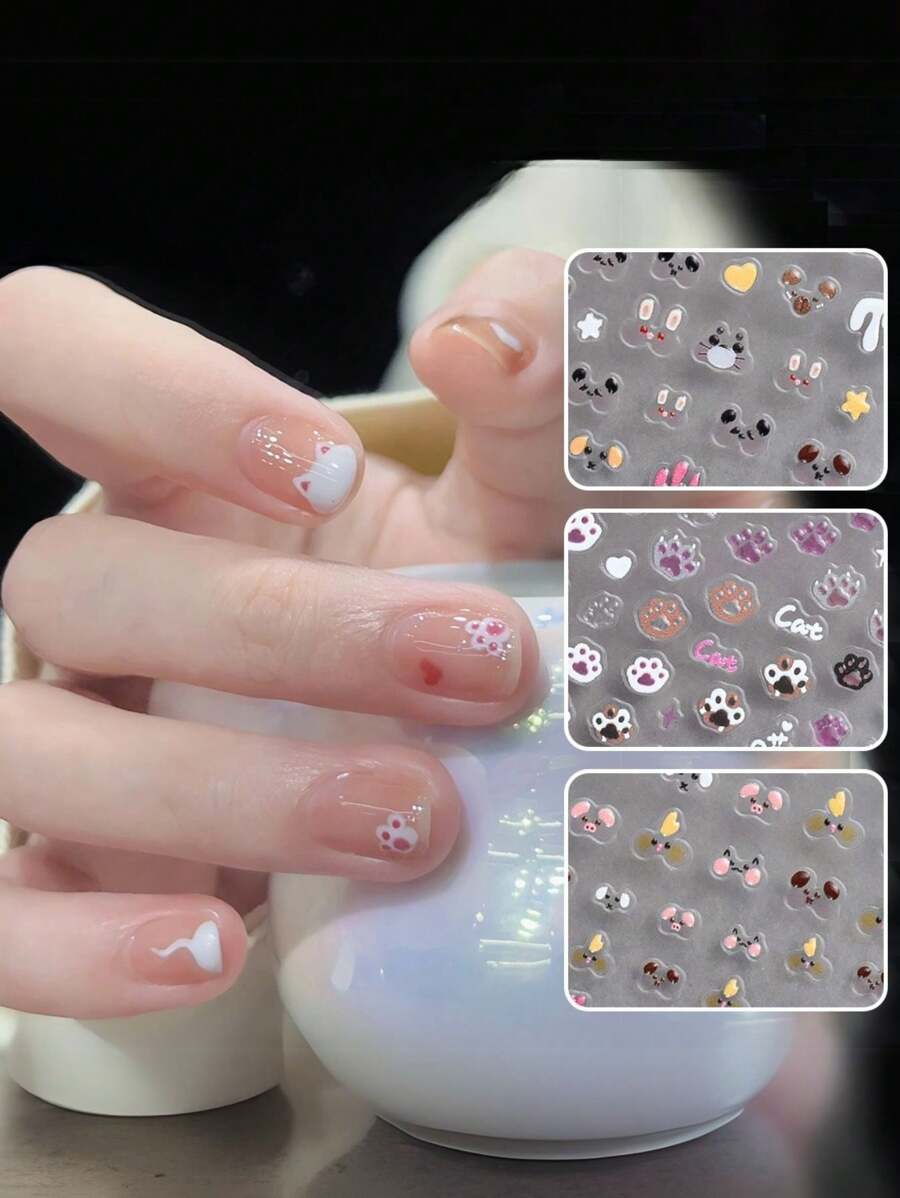 1pc Jelly Cat Paw Nail Art Stickers, Cute Animal Design 3D Nail Decals (Dogs, Cats, Chicks) For Nail Art Decoration, Nail Art Accessories, DIY Nail Design