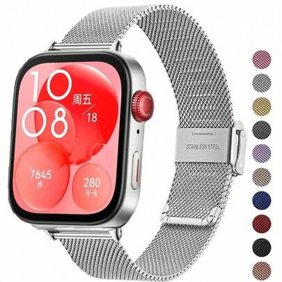 无间隙米兰尼斯表带兼容华为 Watch Fit 3/4/4Pro 不锈钢表带可调节金属表带适用于 Galaxy Watch 6 4Classic 47 43 42 46mm 7 6 5/Pro 4 40 44 45mm 金属表带男士表带