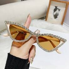 1 件女士新款香槟色猫眼水钻装饰时尚眼镜，时尚奢华装饰眼镜猫眼形墨镜 - 黑框白鑽 - 查看 3