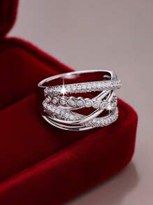 1pc Elegant Exquisite Sparkling Criss-Cross Design Cubic Zirconia Wide Band Ring, Gift For Women On Valentine's Day, Anniversary, Suitable For Wedding, Engagement, Casual Wear, Birthday Party