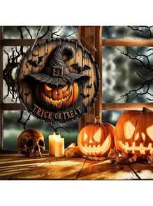 Decoración de puerta de madera con corona floral retro, cabeza de calabaza de Halloween, decoración de arte del horror para el hogar, el jardín y el patio: Decoración colgante de madera