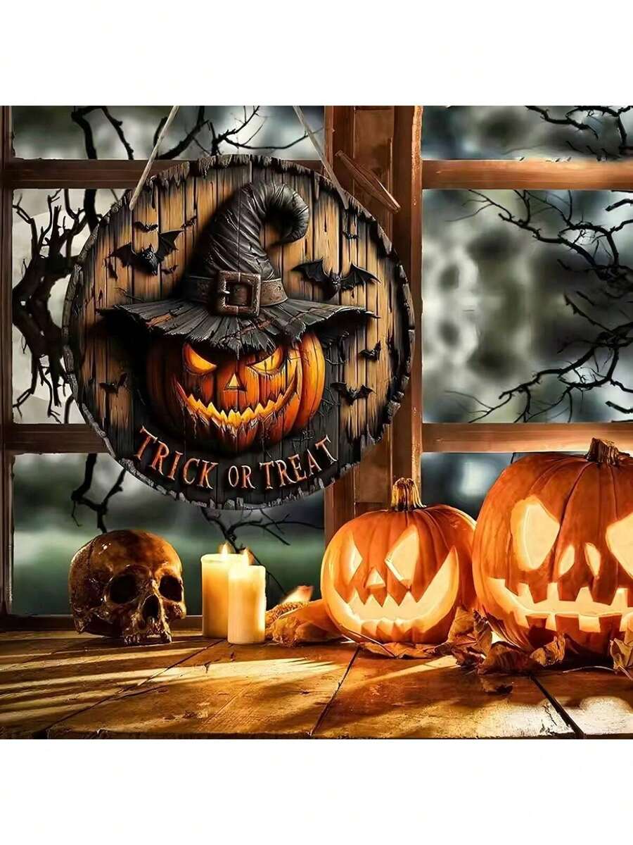 Decoración de puerta de madera con corona floral retro, cabeza de calabaza de Halloween, decoración de arte del horror para el hogar, el jardín y el patio: Decoración colgante de madera