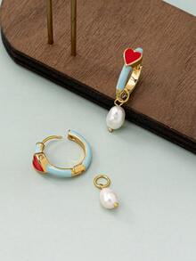 1 Pair Natural Baroque Freshwater Pearl Pendant Earrings, Enameled Bamboo Knot Earrings, Unique Design Party & Carnival Earrings For Women - Blue Red - View 4