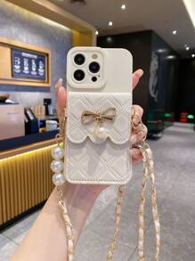 1 pieza Cadena de pared con patrón de mariposa de perla falsa tipo rombo, bolso de hombro cruzado, funda de teléfono anticaída compatible con Apple//Redmi/VIVO/Infinix/OPPO/RENO