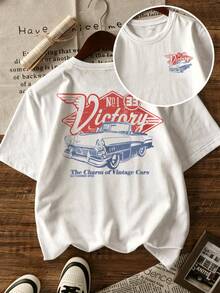 Men's Retro Car Element Printed Short Sleeve T-Shirt, Comfortable & Breathable, Suitable For Summer Wear, Lead The Fashion - White - View 4