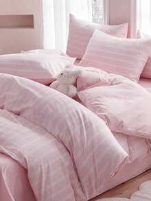 2/3件套条纹粉色床上用品套装，男女皆宜，学生宿舍理想之选，超级柔软，可爱清新，适合春夏学生使用，水洗磨毛被套和枕套套装，床上用品，不含被芯，提供双人床、大号床、特大号床尺寸，可用于房间装饰 - 粉色 - 查看 2