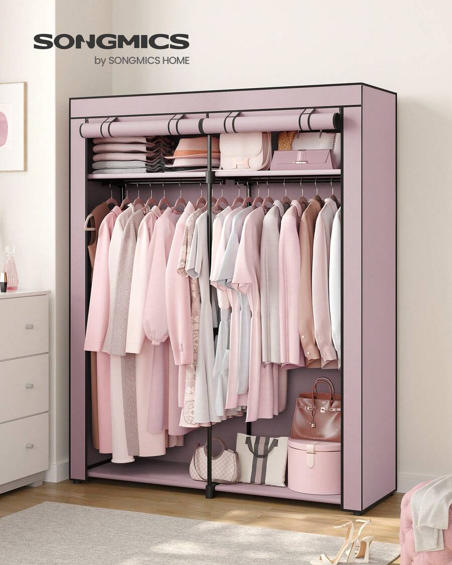 Armoire en Tissu avec Barres à Suspendre, Porte-Manteau, Pliable, pour Chambre, Bureau, 140 x 43 x 174 cm, Vert Olive/Bleu foncé/Violet lavande/Noir/Gris - Prune - Voir 1