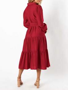Women's Dresses Long Sleeve Dresses Casual V Neck Tie Button Down Flutter Tie Waist Shirt Dresses - Đỏ - Xem 2