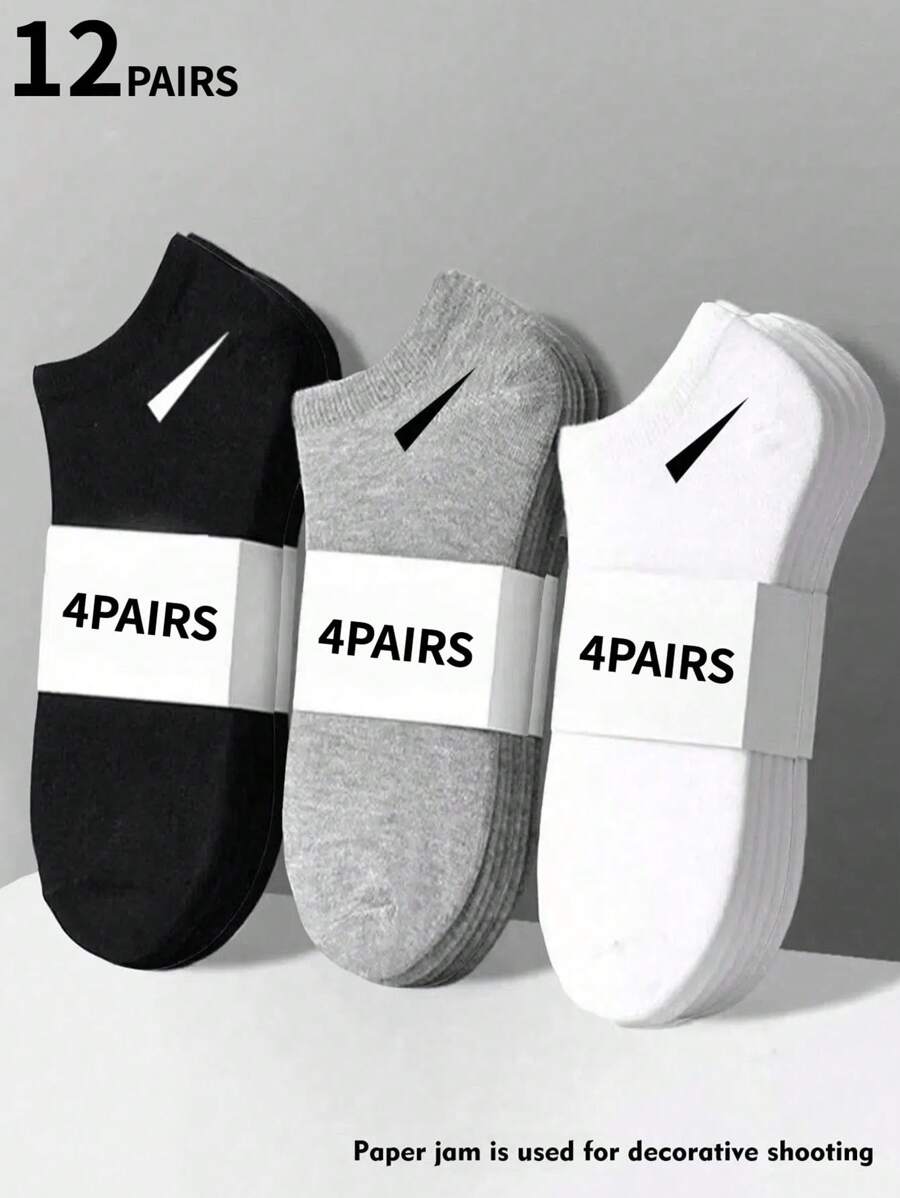 12 Pairs Unisex Simple Plain Black, White And Gray Short Socks, Versatile And Minimal For Everyday Wear