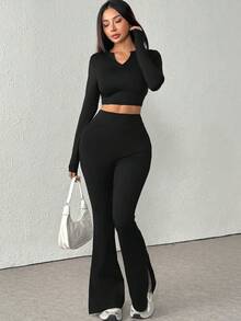 2pcs/Set Fashionable Slim Fit Solid Color T-Shirt And Sweatpants Casual Sportswear Set - Black - View 5