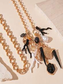 1 Set Collar multicapa con elementos de imitación de perla, cuerno, concha, tortuga marina, rana, diseñado para mujeres elegantes y de moda, adecuado para regalos, viajes y uso diario