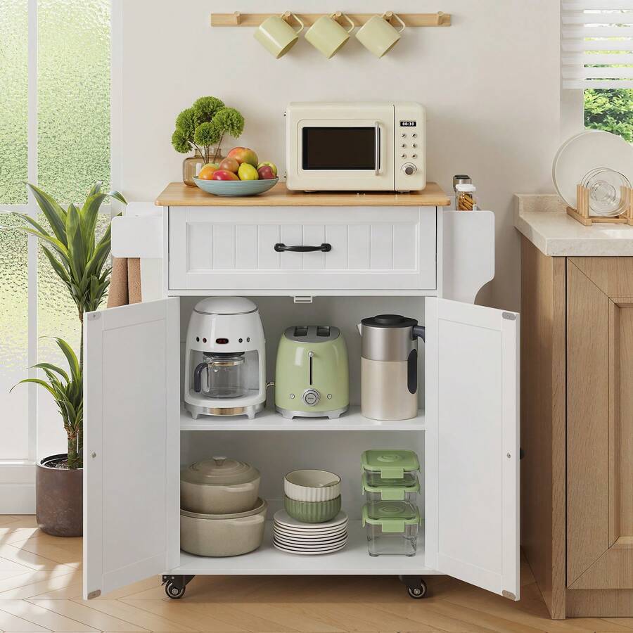 Asofer Kitchen Trolley, Serving Trolley, Side Trolley, Rolling Trolley, With Towel Holder And Spice Board, Kitchen Island On Wheels, Movable Kitchen Trolley With Worktop, Serving Trolley For Kitchen, Dining Room, Hallway, Valentine's Day Ideas - 白色 - 查看 1