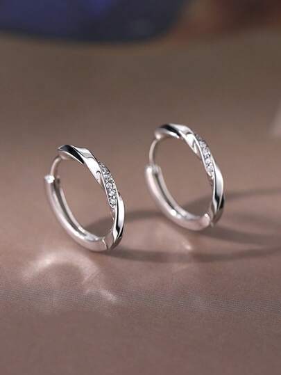 1 Pair Twisted Minimalist Hoop Earrings With Crystals, Unique Women Dainty Luxury Earrings, Gift