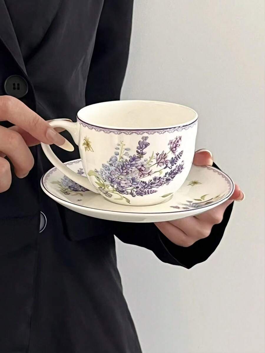 1 件法式乡村薰衣草咖啡杯碟套装,大容量牛奶杯,适合家庭、办公室、礼物、生日、甜品店、下午茶咖啡馆、乡村装饰 - 白色 - 查看 1