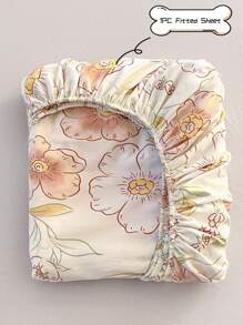 1pc Orange & White Floral Print Fitted Sheet With Deep Pocket, Green Leaf Fresh Farmhouse Style, Hypoallergenic Polyester Fabric, Comfortable & Skin-Friendly, Home & Dorm Bedding Decor