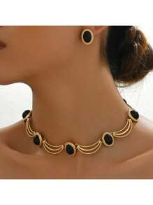 2pcs/Set Vintage Style Black Oval Necklace & Earrings Set, High-End Elegant For Women