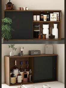 Estante vintage de madera para exhibir tazas - Organizador multi-nivel a prueba de polvo para tazas, con soporte de pared y de escritorio, armario con puerta corrediza, estación de almacenamiento de té y café de cocina.