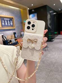 1 pieza Cadena de pared con patrón de mariposa de perla falsa tipo rombo, bolso de hombro cruzado, funda de teléfono anticaída compatible con Apple//Redmi/VIVO/Infinix/OPPO/RENO
