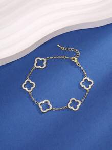 1pc Lucky 18K Gold Plated Hollow Clover Bracelets For Women Golden-Tone Cubic Zirconia Paved Stainless Steel Chains Copper Band Bangle For Party And Daily Wear