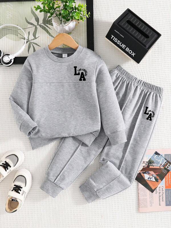 Young Boy Casual Daily Letter Graphic Crew Neck Sweatshirt And Pants Set