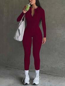 休闲经典圆领后交叉前拉链长袖连体裤紧身衣春夏新品露背