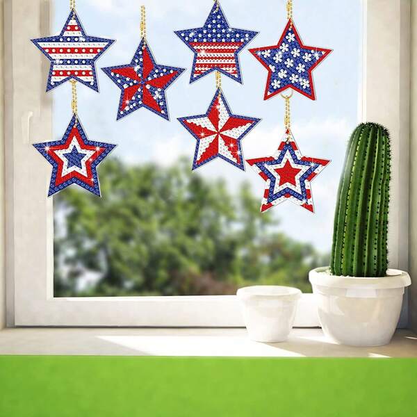 7pcs Adult DIY Diamond Painting Crafts Key Chains, Suitable For Beginner Adult DIY Pendant Accessories, American Independence Day Star Patterns, Diamond Painting Crafts Gifts For Key Chain Decoration
