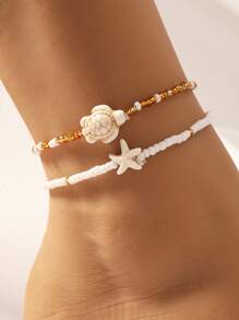 Set da 3 cavigliere estive alla moda con perline a forma di stella marina e conchiglia, versatili per uso quotidiano, spiaggia, feste, regalo