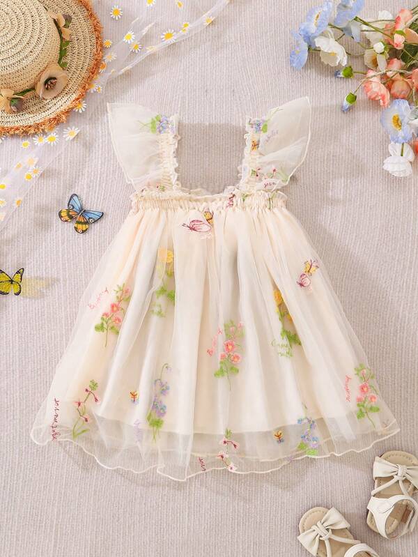 New Spring/Summer Baby Girl Adorable Mesh Tulle Dress, Floral Embroidered Puff Cami Dress, Outdoor Holiday Princess Dress