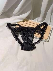 1 条黑色开裆蕾丝内裤，性交时无需脱下，心形防漏臀部内裤，花卉蝴蝶结性感内衣 - 黑色 - 查看 5