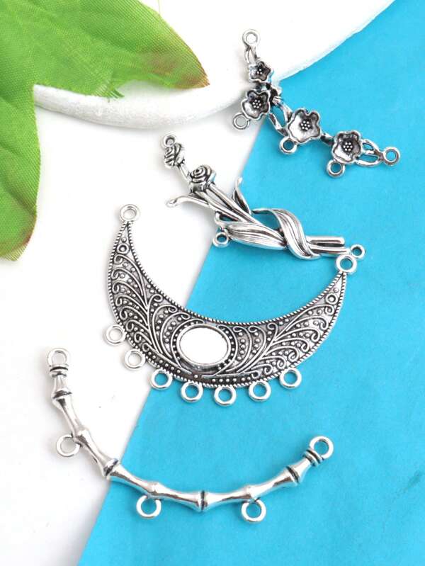 10pcs Vintage Silver Boho Multistrand Necklace Connectors, Bamboo Rose Flower Pendant Findings For Jewelry Making DIY