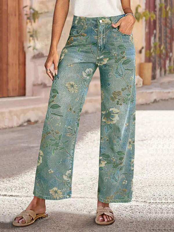 Jeans cortos de mujer con estampado completo y elásticos #8517