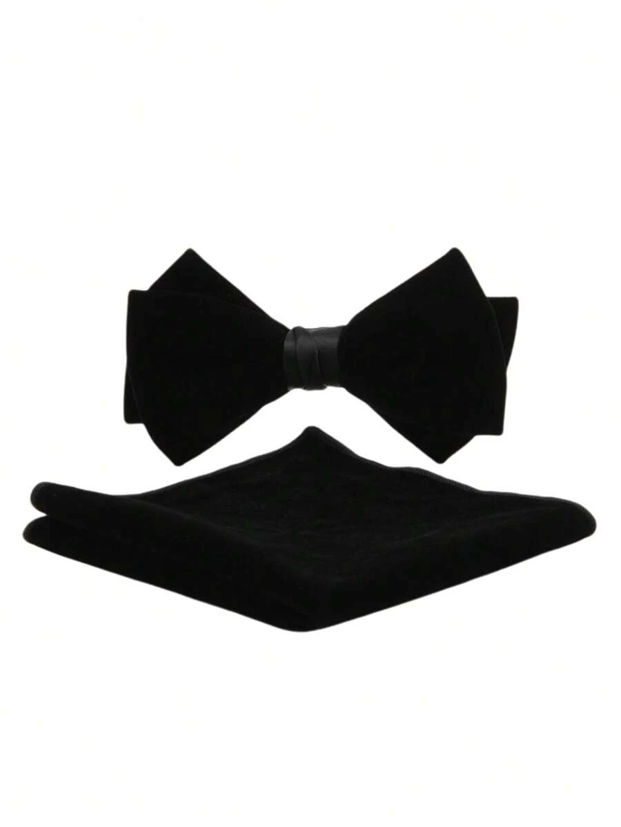 Men's Cotton Velvet Bowknot & Pocket Square Matching Set - Solid Color Formal Wedding Party Accessories