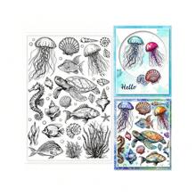 Sello de silicona transparente con fondo de vida marina y animales oceánicos, para manualidades de scrapbooking, álbumes de fotos, tarjetas decorativas y decoración del hogar, de 6.3x4.33 pulgadas