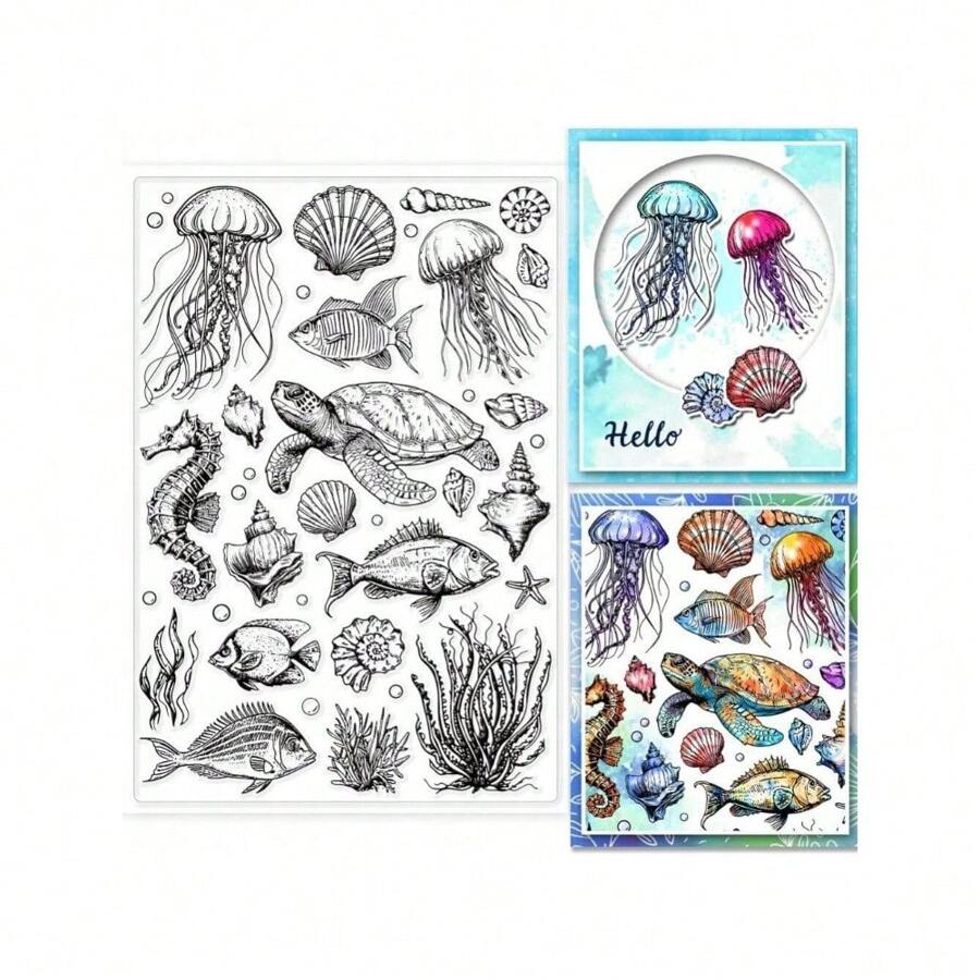Sello de silicona transparente con fondo de vida marina y animales oceánicos, para manualidades de scrapbooking, álbumes de fotos, tarjetas decorativas y decoración del hogar, de 6.3x4.33 pulgadas