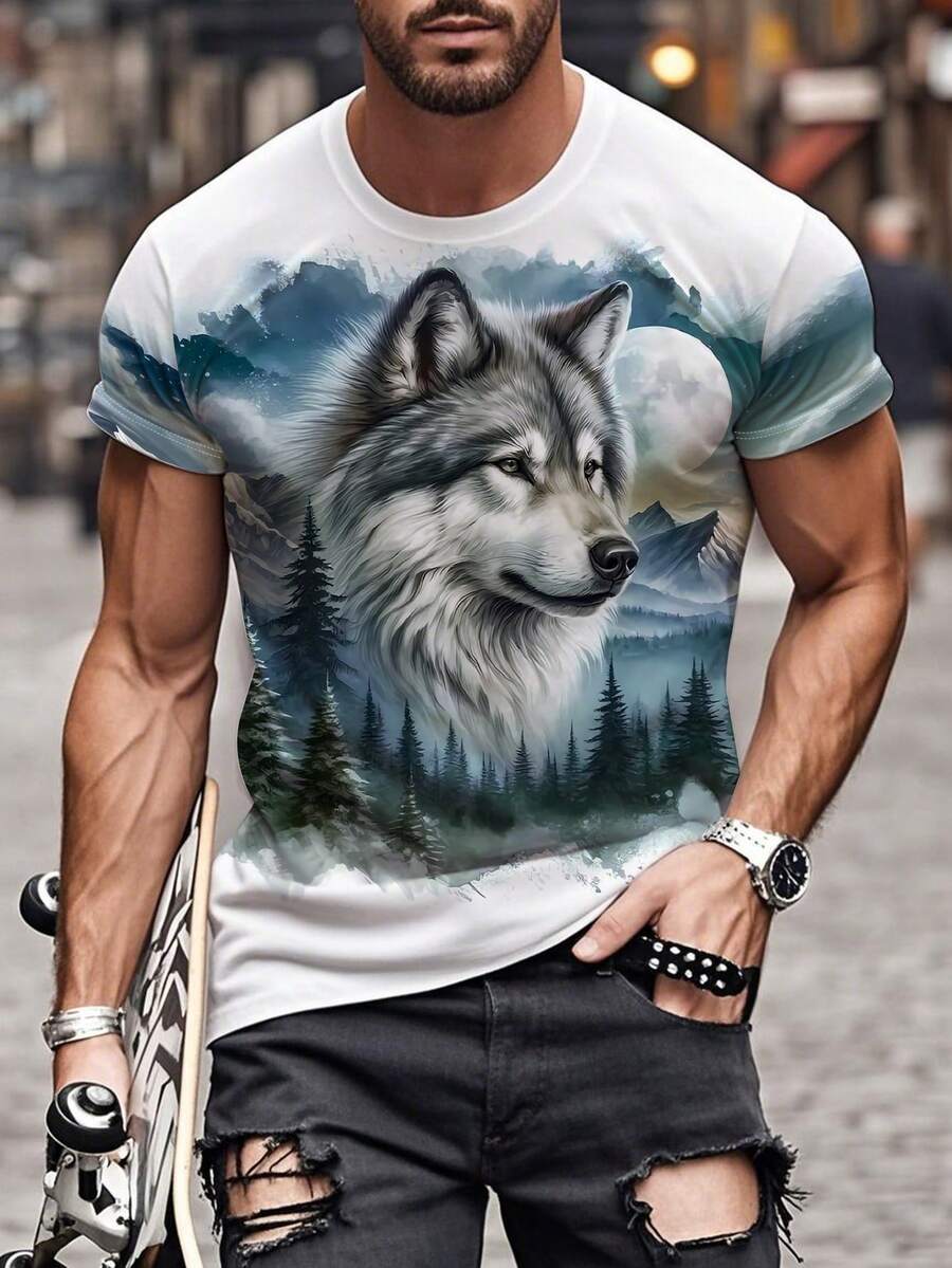 Herr 3D Wolf Graphic Rundringad Kortärmad T-shirt, Avslappnad Sommarkläder - Vitt - Visa 1