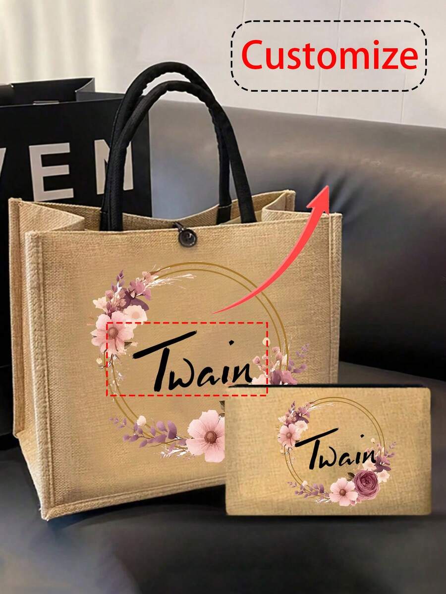 2件套定制姓名花环图案手提袋和化妆包套装，女士亚麻大容量手提袋，购物袋，便携休闲收纳手提包，适合日常出行、海滩度假，大容量购物袋，完美适用于学校、生日、大学、工作、商务、通勤、户外、旅行、度假、返校必备 - 卡其色 - 查看 1