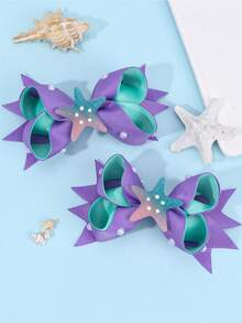 2 件女孩海洋主题发夹蝴蝶结，渐变闪光贝壳/海星饰物和白色珍珠装饰，缎带蝴蝶结，航海时尚发饰，适合海滩度假/夏日派对/泳池日 - 彩色 - 查看 8
