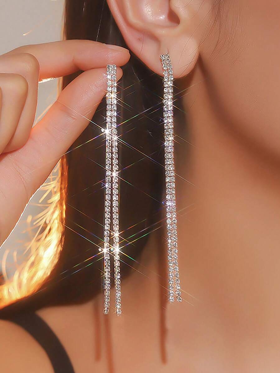 一对简约风格长款水晶耳环，适合女士婚礼和派对配饰 - 銀色 - 查看 1