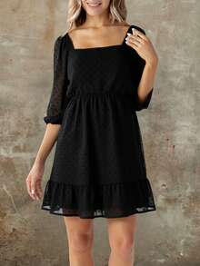 Vestido corto dama mujer media manga escote cuadrado semi transparente forro elegante femenino moderno versatil comodo sofisticado eventos oficina casual formal fresco - Negro - Ver 1