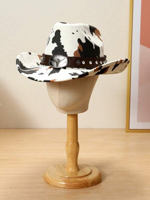 1 pièce Chapeau de cowboy unisexe décoré de taureau, motif de vache, style western, convenant pour les voyages, les sorties décontractées, les soirées de cowboy dans les bars, les fêtes à thème western et l'usage quotidien