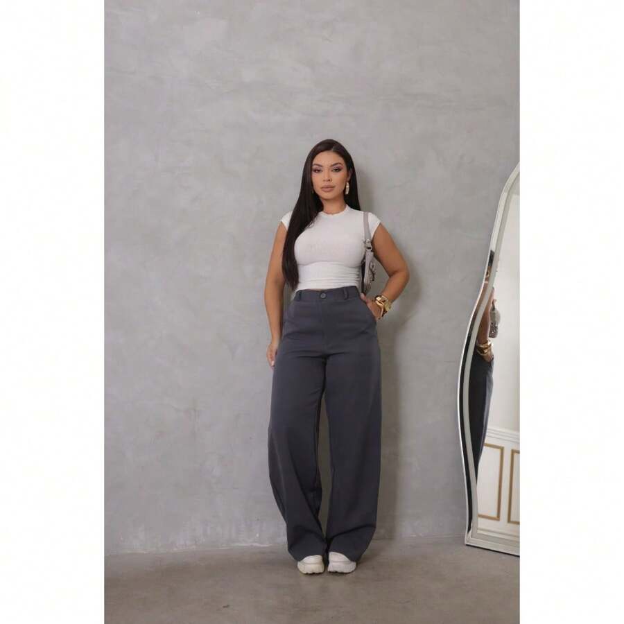 High Waist Tailored Wide Leg Pants – Elegance And - 灰色 - 查看 1