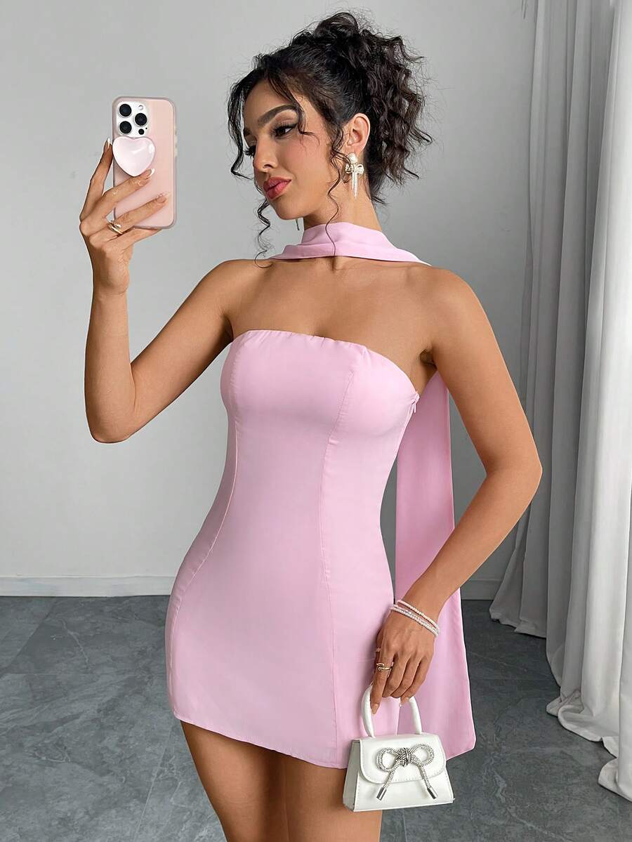 Solid Color Backless Halter Spaghetti Strap Bodycon Clubwear Dress, Sexy Summer - Baby Pink - View 1