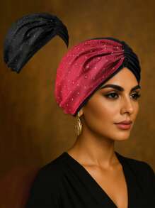 1pc Elegant Rhinestones Embellished Red & Black Turban Hat For Women Pre-Tied Headwrap For Formal Events Weddings And Parties
