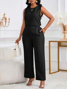 女士时尚休闲优雅无袖上衣和口袋纽扣细节长裤两件套 - 黑色 - 查看 3