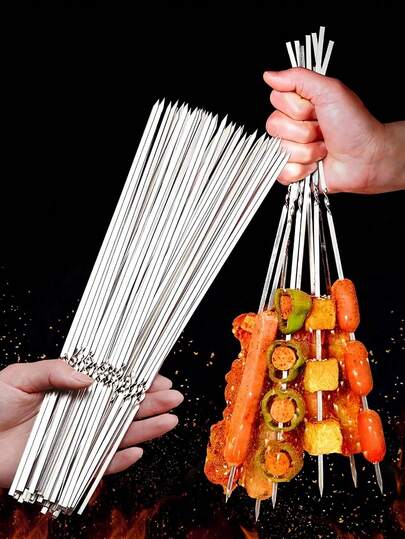 100 pièces Brochettes de barbecue, aiguilles de barbecue en acier inoxydable de 30 cm de long, brochettes de gril polyvalentes en métal, brochettes de barbecue au charbon de bois, brochettes d'agneau, fourchettes de maïs, brochettes à fer plat, pour rassemblements de barbecue, fêtes familiales, cuisine en plein air, Aïd al-Adha