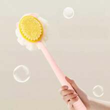 1PC Pink/Green Dual-Sided Long Handle Bath Brush & Exfoliating Sponge Scrubber - 2-In-1 Multi-Purpose Back Scrubber For Body Peeling, Shower Cleaning, Soft Bristles Bath Brush With Storage Bag, Organizer, Hair Clips, Non-Slip Grip (Bath & Shower Set)