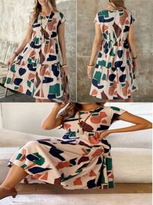 Vestido de verano de mangas cortas con cuello redondo y estampado geométrico para mujeres