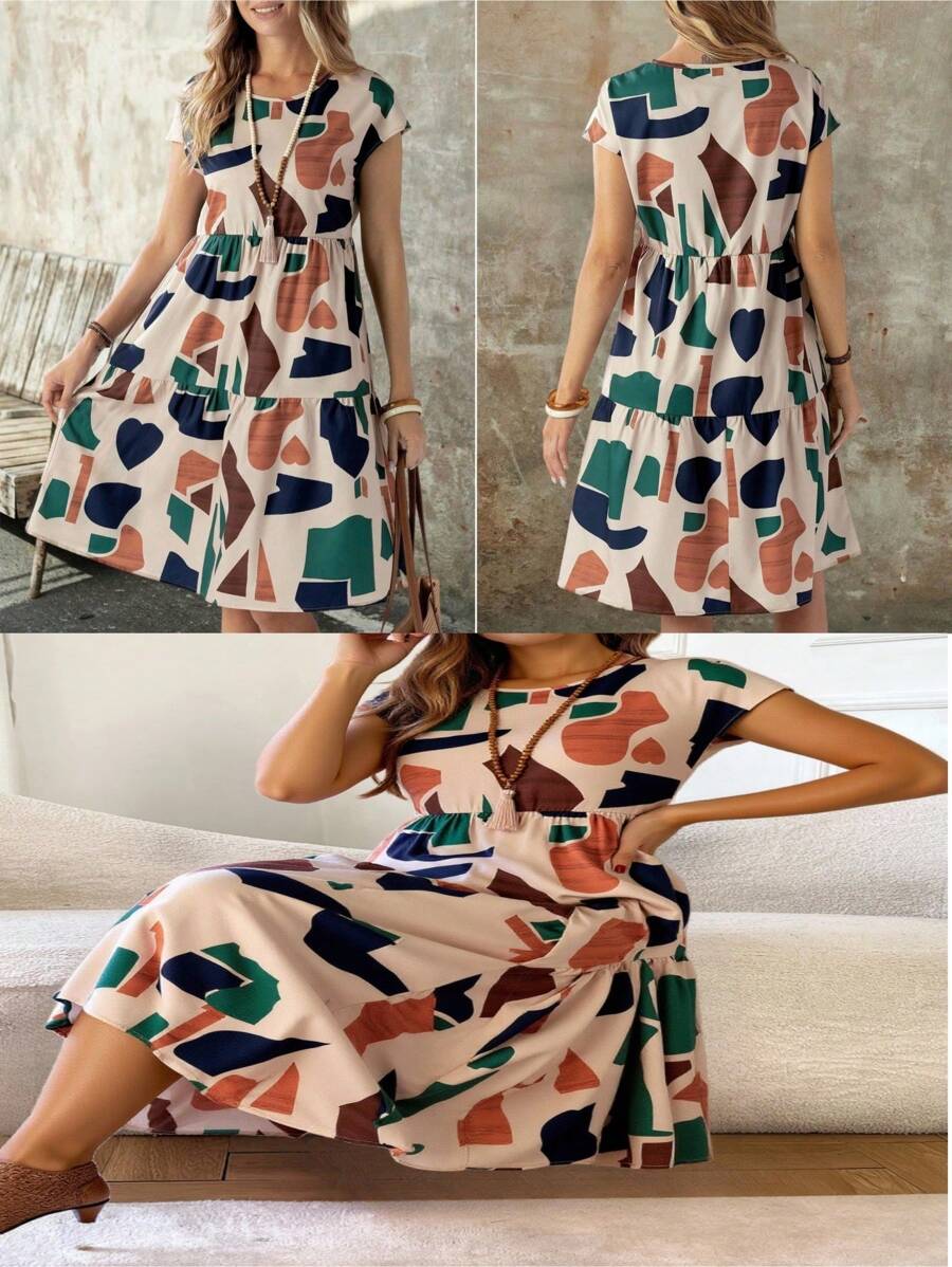 Vestido de verano de mangas cortas con cuello redondo y estampado geométrico para mujeres