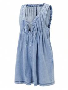 Women's Demin Tank Top Jumpsuit Loose Pleated Tie Front V Neck Sleeveless Shorts Romper With Pockets For Summer - 天藍色 - 查看 5