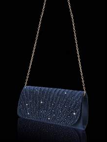 Shiny Rhinestone Flap Evening Bag Party Bag, Elegant And Fashionable Pleated Clutch Prom Bag, With Shiny Rhinestone Jewelry Three Pieces Set, Suitable For Parties, Dinners, Gatherings, Dances, Weddings. - Navy Blue - View 6